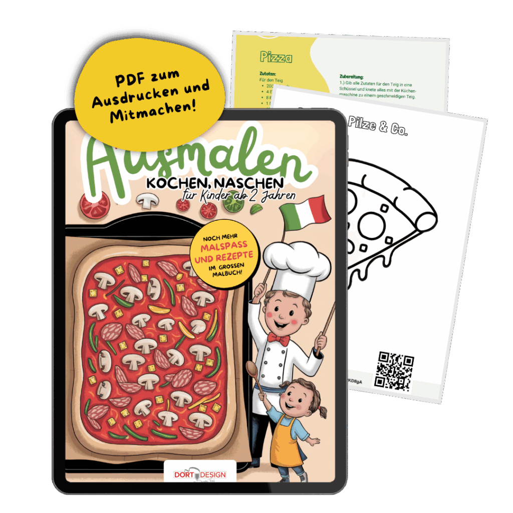 Pizza-Ausmalvorlage und Rezept als PDF zum Downloaden, Ausdrucken und Mitmachen!