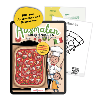 Pizza-Ausmalvorlage und Rezept als PDF zum Downloaden, Ausdrucken und Mitmachen!