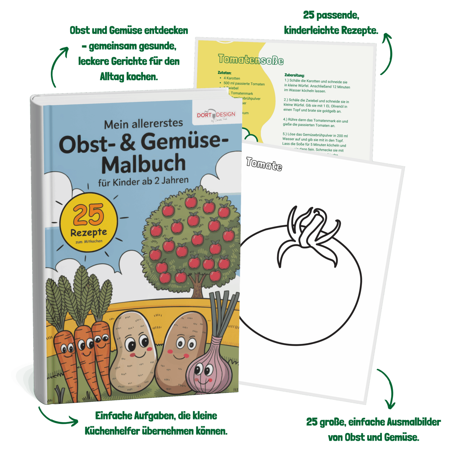 Mockup des Malbuchs „Mein allererstes Obst- & Gemüse-Malbuch“ mit geöffneter Doppelseite: links Ausmalvorlage, rechts passendes Rezept mit Mitmach-Tipp. Textlich hervorgehoben: 25 Ausmalbilder, 25 Rezepte, Mitmach-Ideen und Familienzeit.